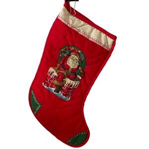 Vintage Quilted Christmas Stocking Santa w Pipe Chimney Toy Bag Handmade 14 Inch